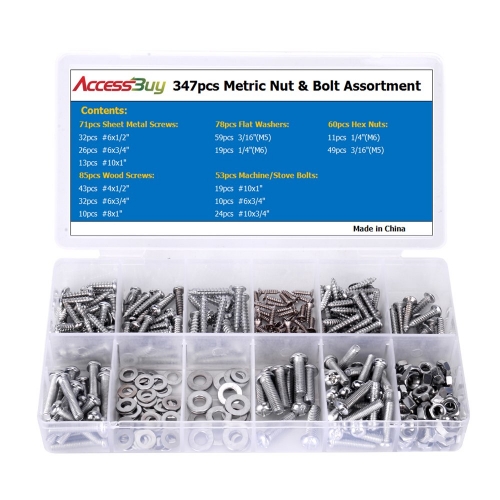 Accessbuy 347pc Home Nut, Bolt, Screw & Washer Assortment