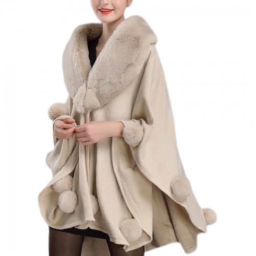 Hiver Femmes Cape En Fausse Fourrure Cape Wrap Manteau De Laine Cardigan Poncho Chaud