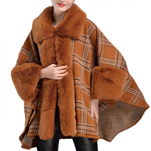 女性フェイクファーコート、カキシディストライプコート生き抜く暖かいウールブレンドコートカーディガンショール秋と冬