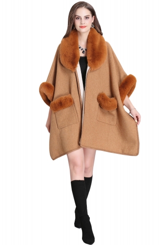 Women's Winter Poncho Cape Wool Blend Coat with Faux Fur