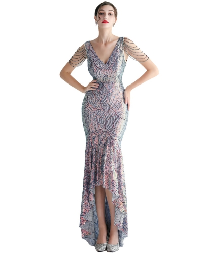 KAXIDY Robe longue asymétrique pour femme - Robe formelle à paillettes - Robe longue de cocktail, de demoiselle d&#39;honneur