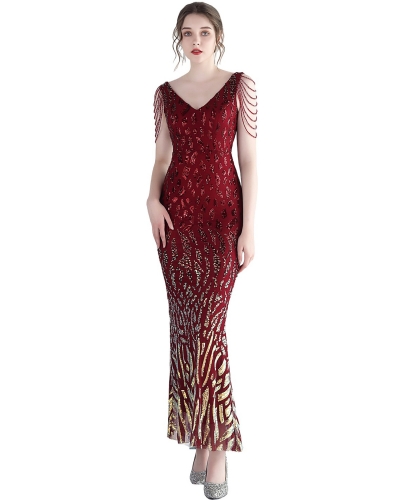 KAXIDY 여성 드레스 우아한 긴 공식 드레스 플러스 사이즈 V 넥 파티 칵테일 가운