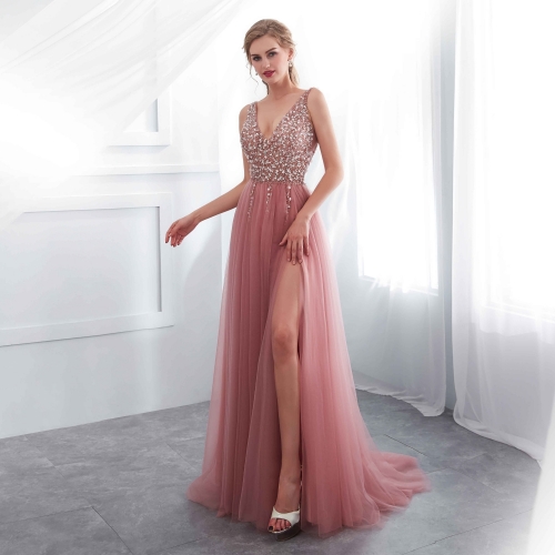 Blush Pink Tulle Long Prom Dress with Slit