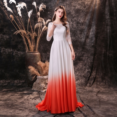 3/4Sleeves Orange Ombre Chiffon Long Bridesmaid Dress