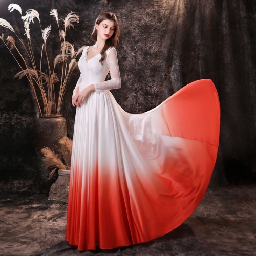 Long Sleeves Orange Ombre Chiffon Long Bridesmaid Dress