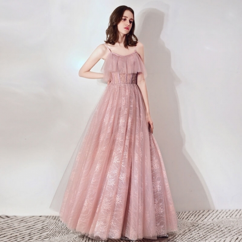 Straps Pink Long Tulle Dress