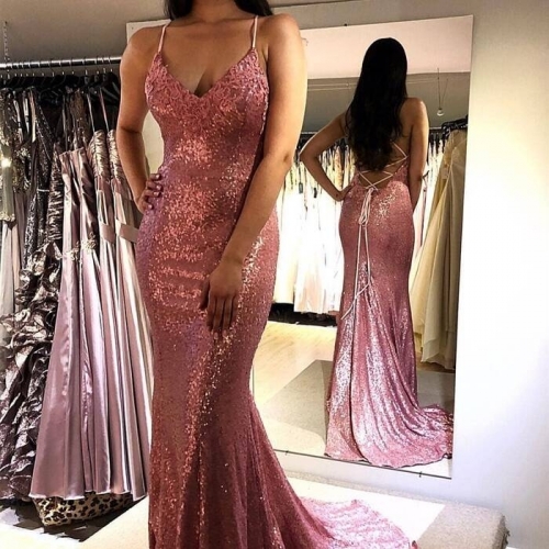 Sparkle Pink Sequined Mermaid Long Prom Dress