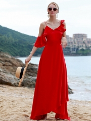 Asymmetric Red Chiffon Maxi Dress