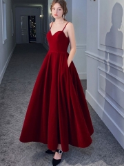 Straps Wine Red Velvet Long Formal Dress with Pockets