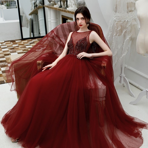 Scoop A-line Wine Red Tulle Long Formal Dress