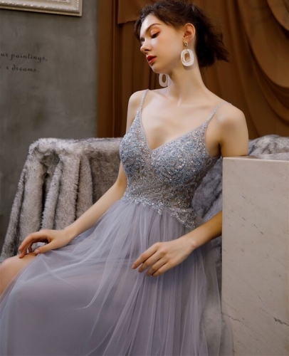 A-line Grey Tulle Long Prom Dress with Spaghetti Straps