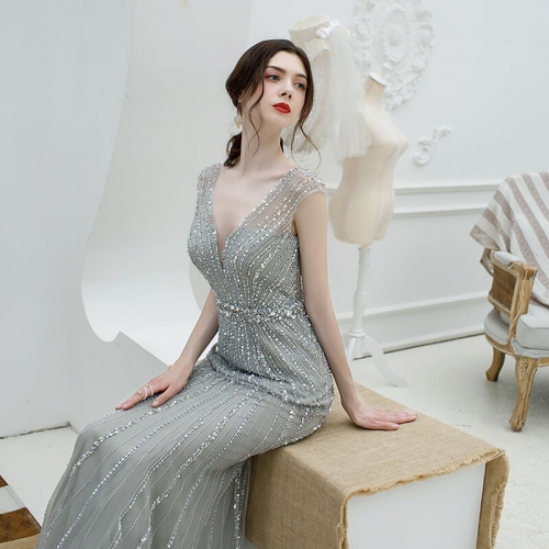 Mermaid Beaded Grey Long Evening Dress