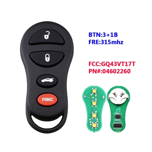 4BTN Car Key Fob 315Mhz For DODGE Caravan Ram Dakota Durango C-hrysler Town & Country GQ43VT17T 04602260