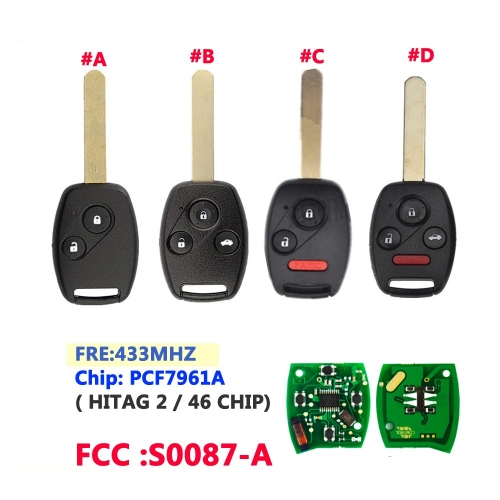 S0087-A ID46 Chip Car Remote Control Key Circuit Board For Honda 433Mhz 2/ 3/ 2+1/ 3+1Button