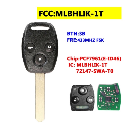 MLBHLIK-1T 3BTN Remote Key For Honda 433Mhz