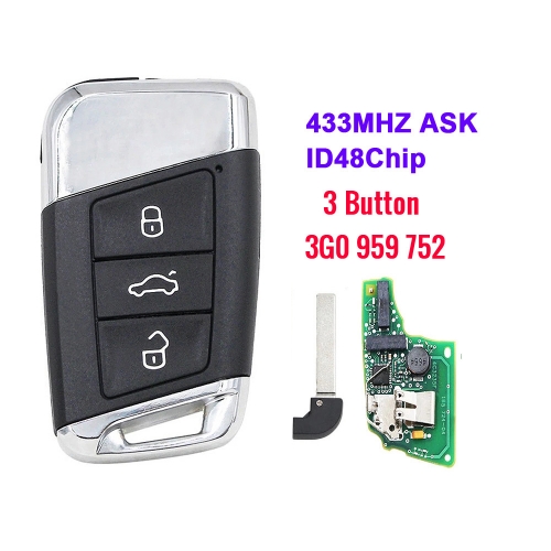Smart Remote Key 3BT 433MHz FOB for Volkswagen VW Magotan B8 Superb A7 Passat Variant 2015-2019 MEGAMOS 88 AES