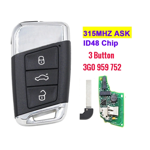 Smart Remote Key 3BT 315MHz FOB for Volkswagen VW Magotan B8 Superb A7 Passat Variant 2015-2019 MEGAMOS 88 AES