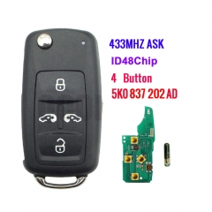 5K0 837 202AD 4Button flip key 433mhz Id48 Chip For VW