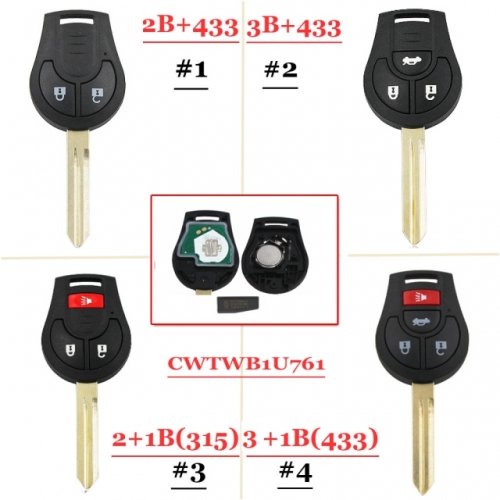 Car Remote Key For Nissan CWTWB1U751 Or CWTWB1U816 March Qashqai Sunny Sylphy Tiida X-Trail Rogue 315Mhz、433