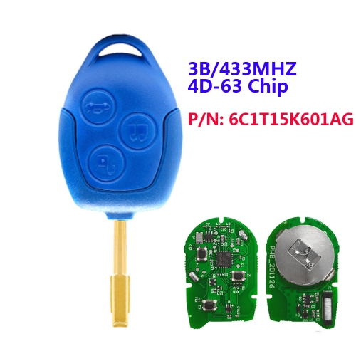 Aftermarket  Remote Key Fob 3 Button 433Mhz 4D63 Chip For Ford Transit WM VM 2006 -2014 P/N: 6C1T15K601AG