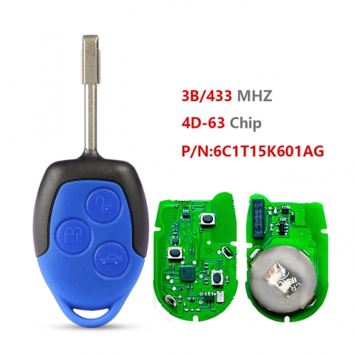 3 Button Car Remote Key 4D63 Chip 433Mhz with Black Blade for Ford Transit WM VM 2006-2014 Car Key P/N: 6C1T15K601AG