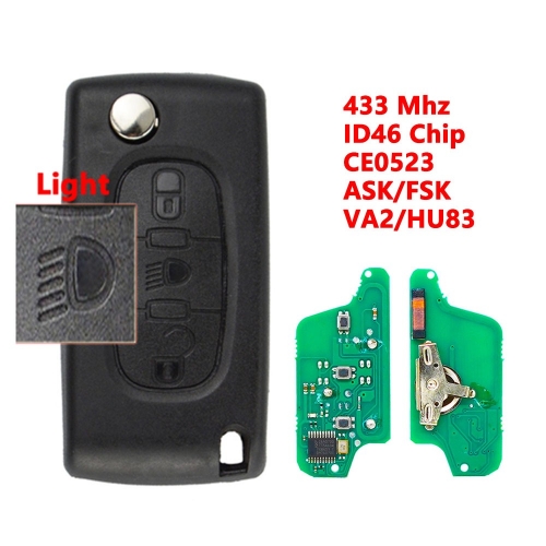3B With Lamp Flip Key For Peugeot Citroen HU83 Blade 0523 ASK/FSK