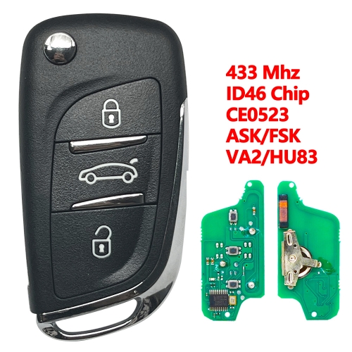 (433Mhz)3B ID46 Chip  Modified Filp Remote Car Key  For Peugeot Citroen DS Style CE0523 ASK/FSK VA2/HU83 Blade