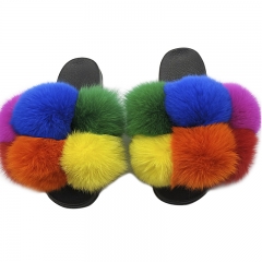 A278 real fox raccoon fur ball slippers mixed color fur slides