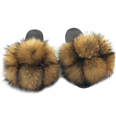 A268 real fox raccoon fur ball slippers mixed color fur slides