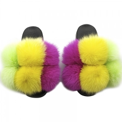 A273 real fox raccoon fur ball slippers mixed color fur slides