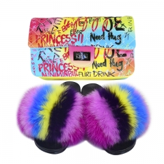 N39 real fox fur slipper slides with jelly graffic purse set (two piece set)