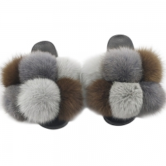 A262 real fox raccoon fur ball slippers mixed color fur slides