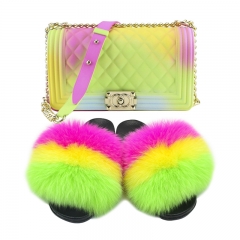 N25 real fox fur slipper slides with jelly purse set (two piece set)