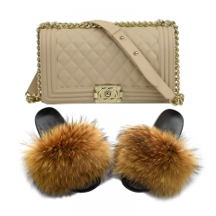 N05 real raccoon fur slides with jelly purse set (two piece set)