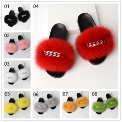 A400 New Coming Real Raccoon Fox Diamond Chain Fur Slippers Slides Womens Summer Outdoor Slides Slippers