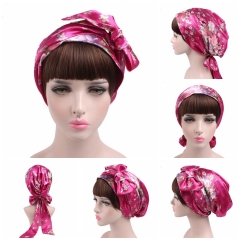 TJM-226 Ladies satin print ribbon bow turban hat night hat silk chemotherapy hat long tail braid hat