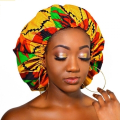 TJM-434 Extra large African printed double-layer night cap with satin lining elastic wide brim turban cap