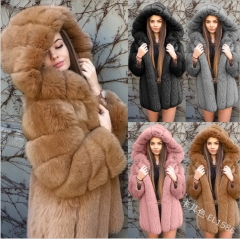 0059 Faux fox fur coat with hood stitching mid-length