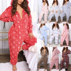 Christmas pajamas thickened one-piece pajamas autumn and winter new leopard print Christmas hooded ladies home service SU2617