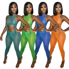 CY9640 fashion sexy halter neck strap printing perspective two-piece wrap chest + trousers