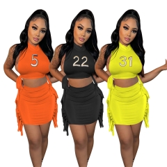 FA8206 Fashion Embroidered Loose High Neck Sleeveless Fringe Skirt Suit Two Piece Set