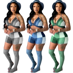 02242 Summer Large Plaid Tube Top Show Waist Sleeveless Shorts Suit