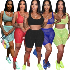 F196 summer mesh solid color camisole sexy tight shorts sports suit