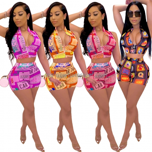 LM8141 Colorful Print Fashion Sexy Vest Zipper Set