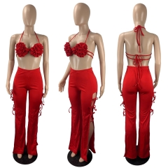 M7468 Fashion sexy wrap chest strap flared pants suit