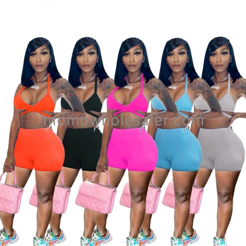 L5235 Fashion Casual Sexy Low Cut Camisole Sports Shorts Two-piece Set