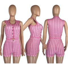 LM8306 Elastic Plaid Small Fragrance Shorts Two-piece Suit