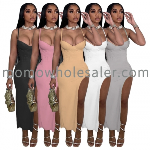G60134 Sexy suspenders low-cut open-back solid color slim-fit slit bag hip dress