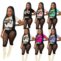 2022 Irregular slit letter print T-shirt lace see-through trousers two-piece set