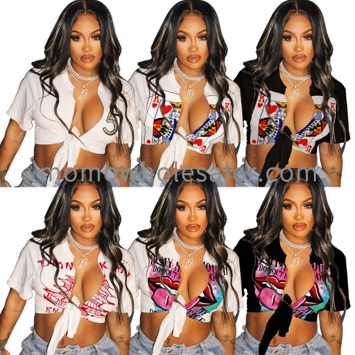 Y1057 Alphabet Graffiti Lips Print Sexy Cropped Navel Tie Cardigan T-Shirt